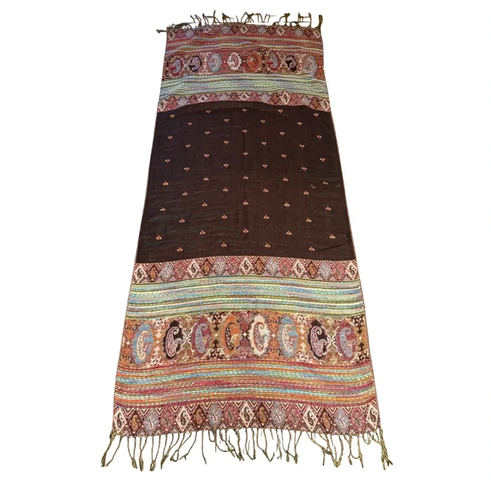 Vintage Cashmere Silk Scarf shawl‎ bohemian indie paisley wrap festival brown